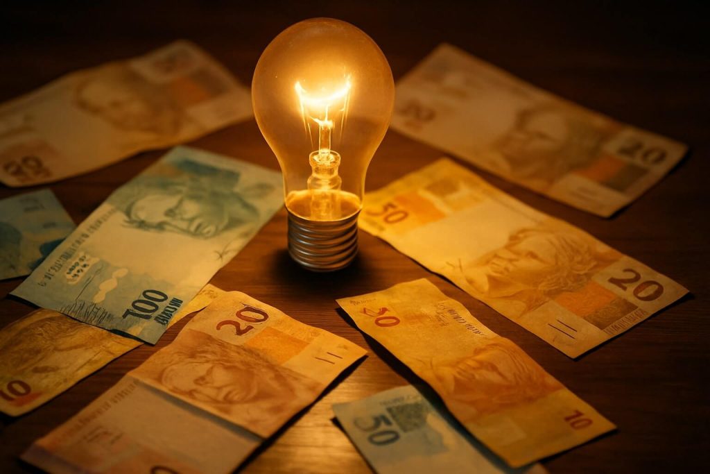 Lâmpada e cédulas representando o acúmulo de fatores que geram uma conta de luz alta no Brasil