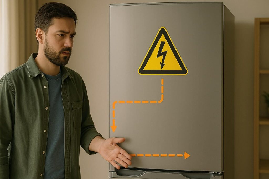 Geladeira em circuito com fuga de corrente, aumentando custo e risco de vida