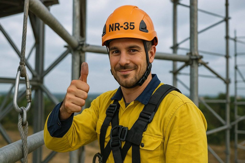 Trabalhador capacitado para trabalho em altura usando EPI completo e capacete NR-35, demonstrando conformidade com a norma regulamentadora