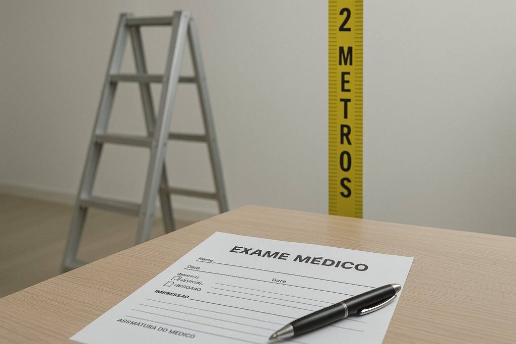 Formulário de exame médico ocupacional sobre mesa com caneta, ao lado de régua indicando 2 metros e escada ao fundo, representando os requisitos da NR 35 para trabalho em altura