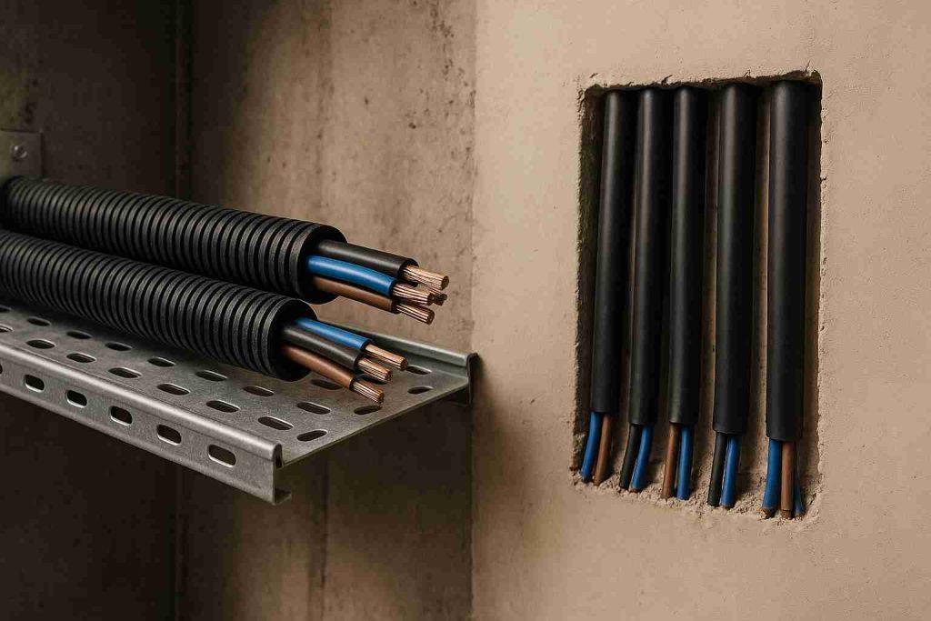 Cabos elétricos instalados em eletrocalha metálica e embutidos em parede de alvenaria, seguindo normas de segurança elétrica