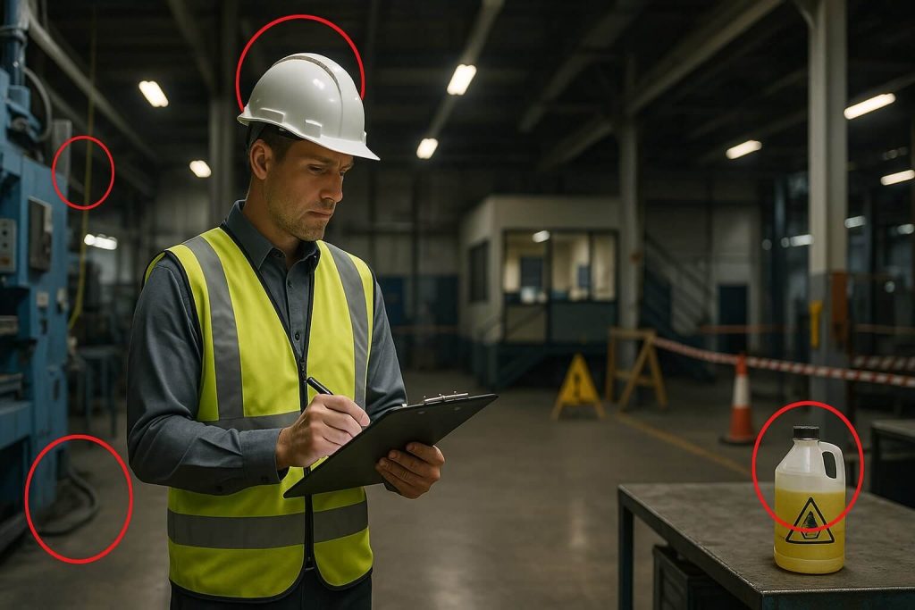 Profissional de segurança do trabalho analisando riscos em ambiente industrial com setores variados, ilustrando a importância do Programa de Gerenciamento de Riscos (PGR).