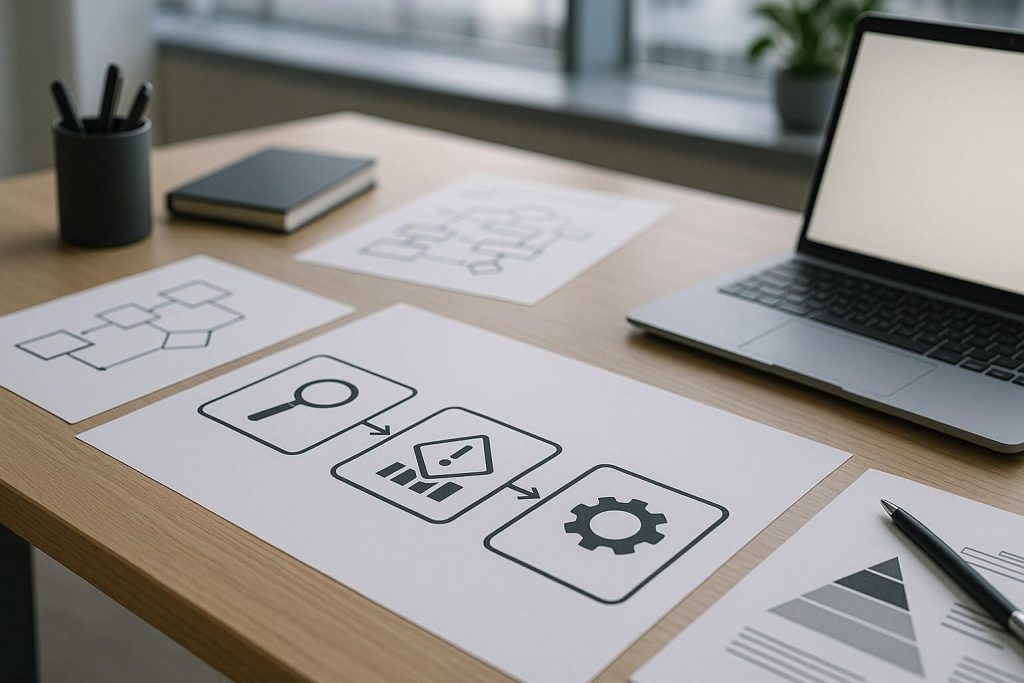 Planejamento do Programa de Gerenciamento de Riscos com representação visual das etapas de identificação, avaliação e controle de riscos ocupacionais em empresa.