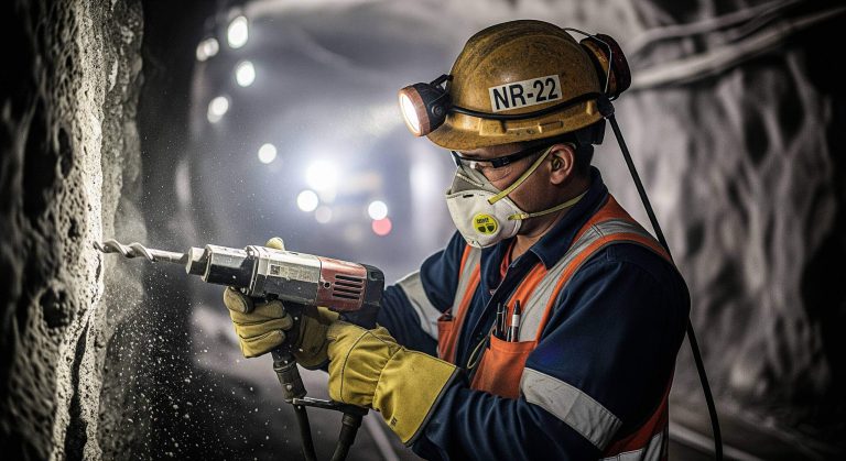 Trabalhador da mineração exercendo sua função com equipamento de segurança protegido pela NR-22