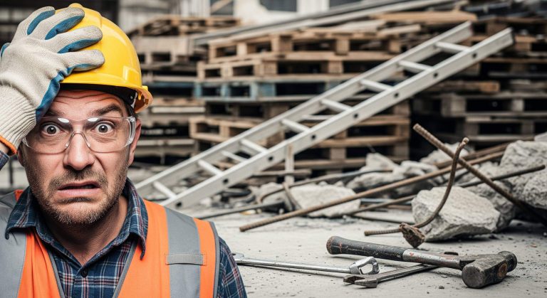 Trabalhador de construção civil preocupado com acidente em obra