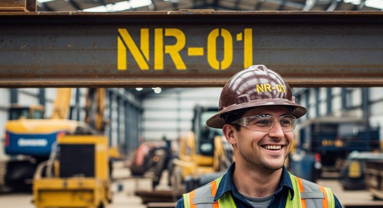 Capa representando trabalhador especialista em NR-01 protegido e alegre