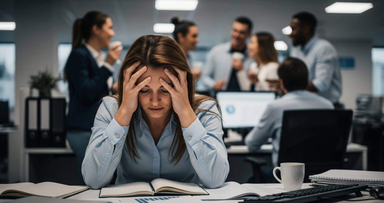Trabalhadora de escritório sofrendo os efeitos dos riscos psicossociais, previstos na nova NR 1