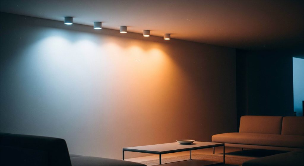 Spots LED instalados em teto de casa luxuosa, demonstrando a diferença entre as temperaturas de cor amarelada e azulada