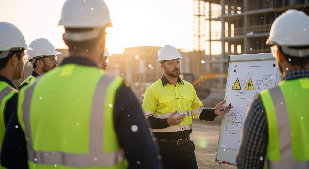 técnico de segurança do trabalho atuando em um terreno de obra civil.