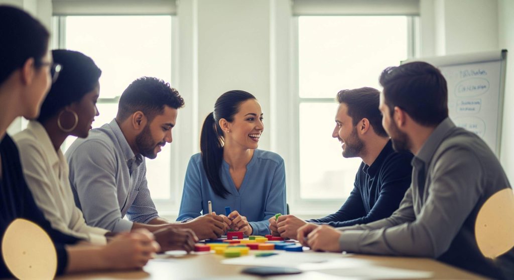 Trabalhadores participam de uma dinâmica bem planejada para prevenção e conscientização sobre os riscos psicossociais em um escritório
