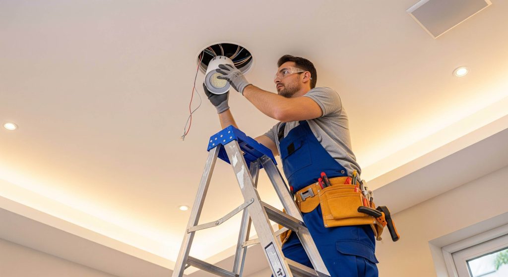 Eletricista profissional instalando spot LED no teto, suprindo a alta demanda por essa categoria de iluminação residencial