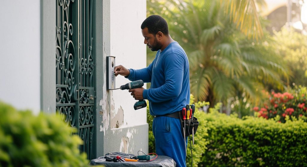 Eletricista instala interfone para cliente, seguindo as normas de segurança