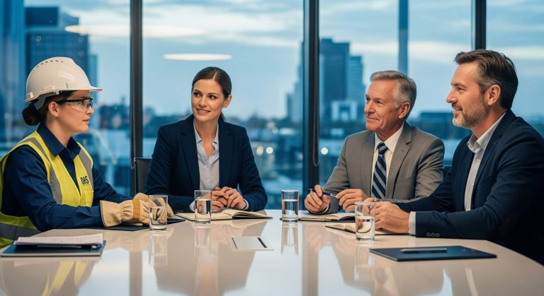 Gestor, técnico, departamento de RH e proprietário de uma empresa juntos discutindo a segurança do trabalho
