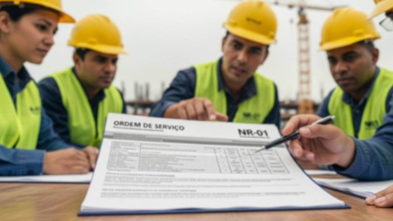 Documento Ordem de Serviço conforme previsto na NR-01 sendo lido por trabalhadores em obra