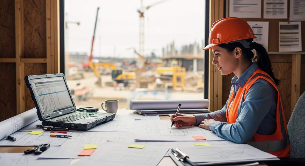imagem de técnico de segurança do trabalho com EPI trabalhando em frente a um computador.