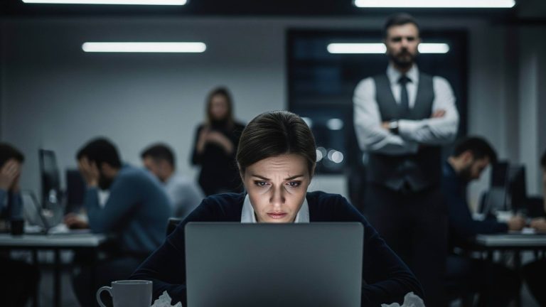 Trabalhadora sofrendo estresse no ambiente de trabalho, um dos possíveis riscos psicossociais