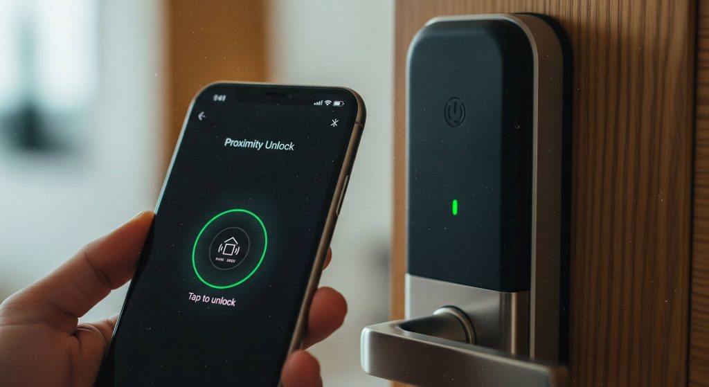 curso de automatização residencial: Smartphone com NFC sendo usado no lugar de uma tag para abrir uma fechadura inteligente