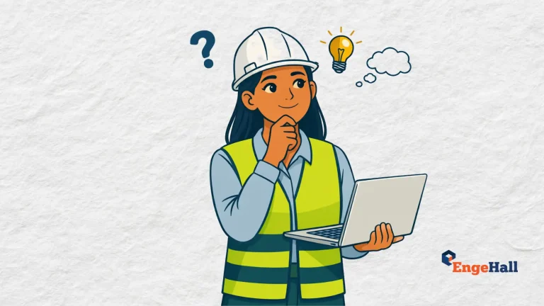 ilustração de um técnico de segurança do trabalho, em dúvida, segurando um notebook se perguntando "o que é drt". Ao lado, logo da engehall
