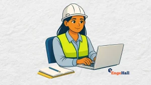 ilusrtração simples de personagem com uniforme de segurança do trabalho estudando ead sentada no computador