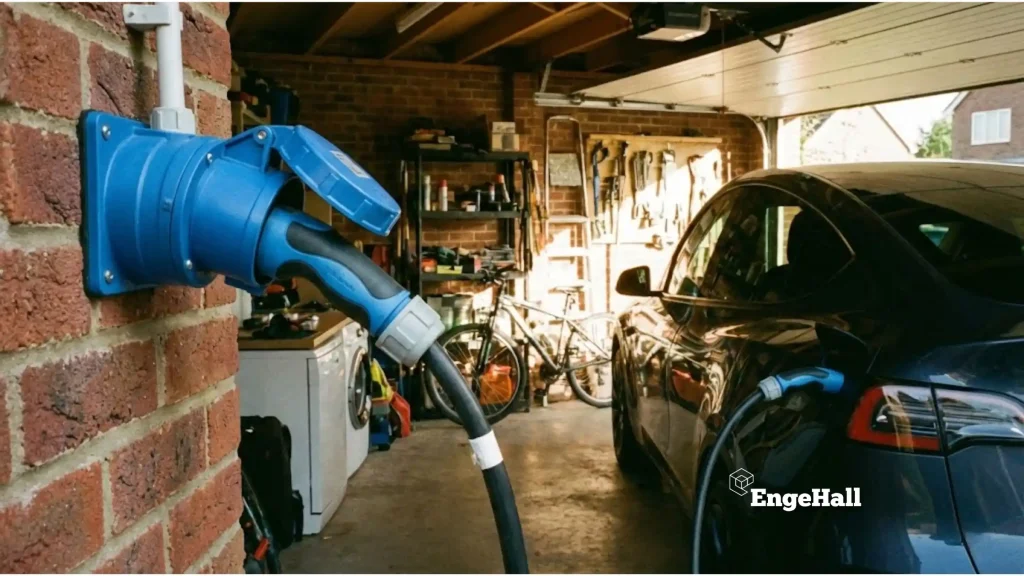 Carro elétrico estacionado em uma garagem residencial, conectado por um cabo de carregamento a uma tomada industrial azul instalada na parede de tijolos.