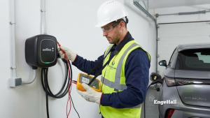 Eletricista realizando testes de comissionamento em carregador de carro elétrico Wallbox.
