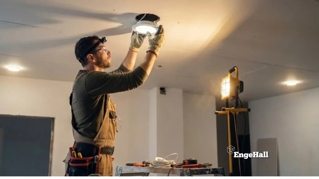 Aqui está uma opção de texto alternativo (Alt Text) detalhado e otimizado para acessibilidade e SEO: "Um eletricista profissional usando óculos de segurança, luvas de proteção e macacão de trabalho, instalando uma luminária LED redonda e embutida em um teto de gesso branco. Ele está em pé sobre uma escada (implícito pela altura), com os braços erguidos ajustando a luz. Um holofote de construção amarelo à esquerda ilumina a cena com uma luz quente e cinematográfica, destacando partículas de poeira no ar
