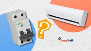 imagem de um disjuntor e de um ar condicionado. Entre eles, uma interrogação para ilustrar a pergunta central do texto: "qual disjuntor utilizar para ar condicionado?"