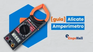 Guia Alicate Amperímetro mostrando um multímetro com ponteira vermelha e preta sobre fundo cinza e azul, com destaque para o texto sobre ferramenta de medição elétrica.