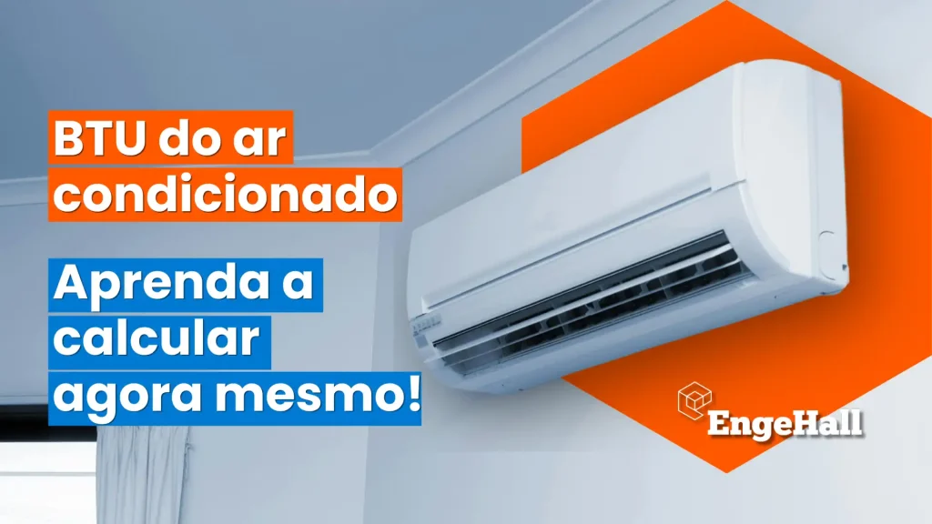 Ar condicionado de parede branco instalado em sala moderna com texto em destaque sobre cálculo de BTU do ar condicionado e aprendizagem no uso.