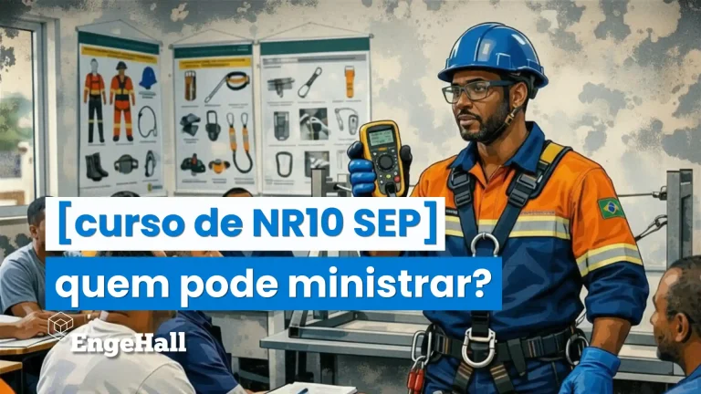 Instrutor de segurança no trabalho ministrando curso de NR10 SEP para trabalhadores, com materiais de treinamento e painel de dicas de segurança.