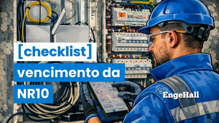 Engenheiro realizando manutenção em painel de disjuntores elétricos com checklist para vencimento da NR10, destacando a importância da segurança elétrica e conformidade regulamentar.