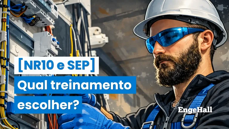 Imagem de um técnico de segurança elétrica usando capacete e óculos de proteção durante instalação de painel elétrico, com destaque para treinamentos essenciais em NR10 e SEP, com texto explicativo ao lado.