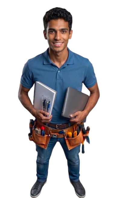 Homem profissional com uniforme de técnico de manutenção, carregando ferramentas e notebooks, sorrindo para a câmera, representando o trabalho de manutenção