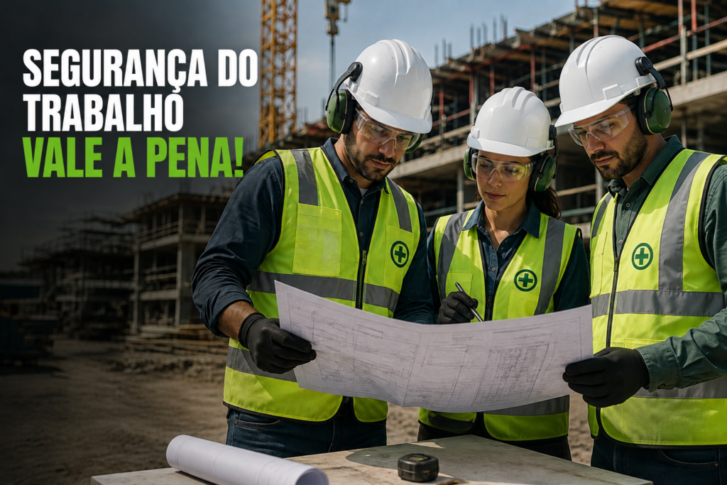 Segurança do trabalho vale a pena: Profissionais de segurança do trabalho analisando projeto em canteiro de obras com EPIs completos.