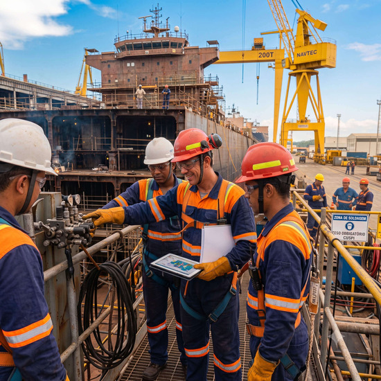 Consultor técnico Engehall orientando equipe em estaleiro naval