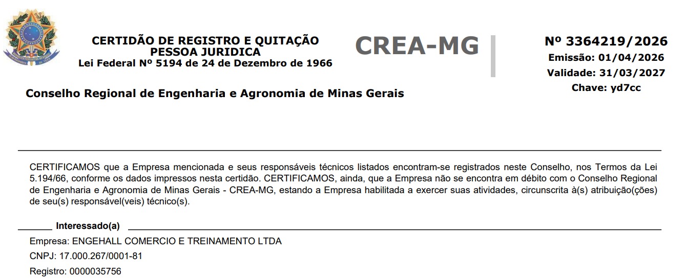 Certidão de Registro e Quitação de Pessoa Jurídica do CREA-MG em nome da Engehall Comercio e Treinamento LTDA, registro 0000035756