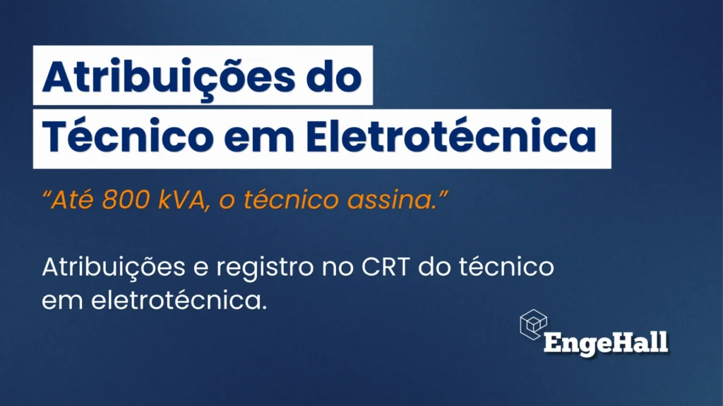 A imagem mostra um banner azul com o texto “Atribuições do Técnico em Eletrotécnica”, a frase “Até 800 kVA, o técnico assina.” e informações sobre atribuições e registro no CRT, com a marca EngelHall.