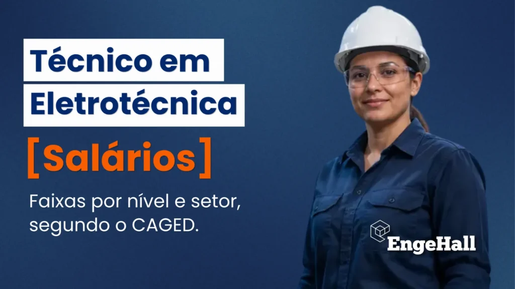 Banner com a frase “Técnico em Eletrotécnica [Salários]”, mostrando dados por nível e setor; ao lado, uma eletricista com capacete e uniforme azul e a marca EngelHall.