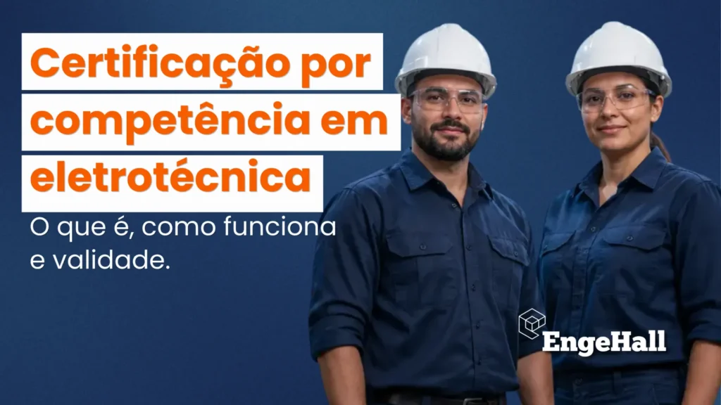 Imagem promocional do curso de Certificação por competência em eletrotécnica, com dois eletricistas de uniforme e capacete ao lado de texto “O que é, como funciona e validade” e marca EngelHall.