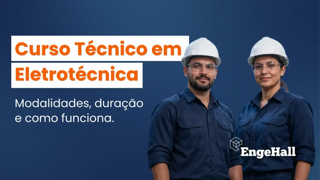 Imagem promocional do Curso Técnico em Eletrotecnica com dois profissionais usando capacete, fundo azul e texto destacando modalidades, duração e como funciona.
