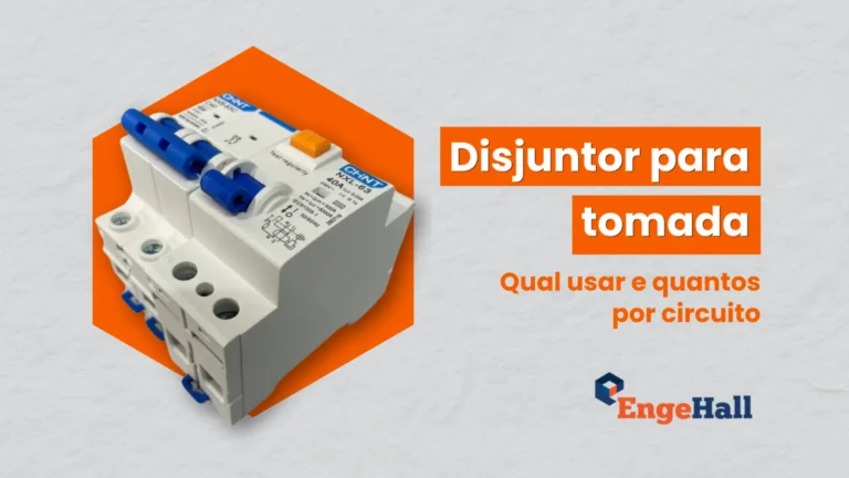 Disjuntor para tomada em destaque, com módulo elétrico e rótulos técnicos visíveis ao lado do texto “Disjuntor para tomada: Qual usar e quantos por circuito”.
