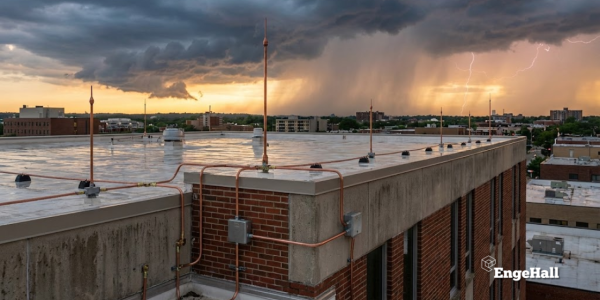 Fotografia do topo de um edifício comercial de tijolos e concreto, mostrando um sistema de proteção contra descargas atmosféricas (SPDA) instalado. Vários captores de cobre (para-raios) e cabos condutores percorrem a laje molhada e descem pela parede. O fundo é um céu dramático de tempestade durante o pôr do sol, com nuvens pesadas, cortinas de chuva e um raio caindo no horizonte.