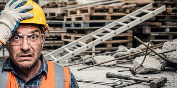 Trabalhador de construção civil preocupado com acidente em obra