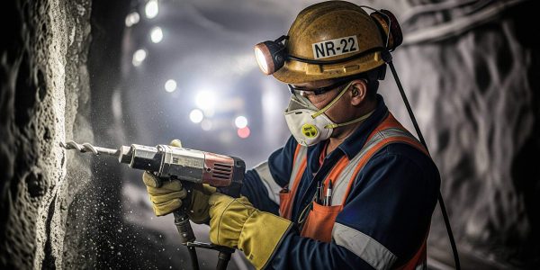 Trabalhador da mineração exercendo sua função com equipamento de segurança protegido pela NR-22