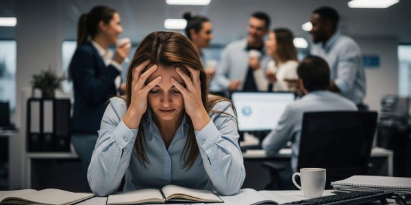 Trabalhadora de escritório sofrendo os efeitos dos riscos psicossociais, previstos na nova NR 1