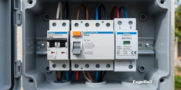 Eletricista realizando testes de comissionamento em carregador de carro elétrico Wallbox.