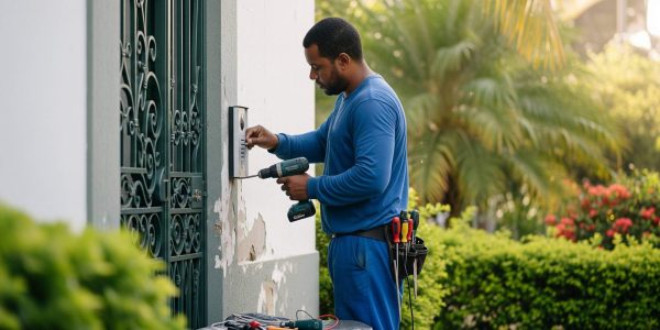 Eletricista instala interfone para cliente, seguindo as normas de segurança