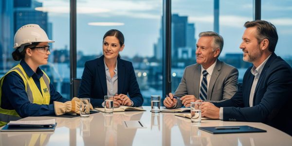 Gestor, técnico, departamento de RH e proprietário de uma empresa juntos discutindo a segurança do trabalho