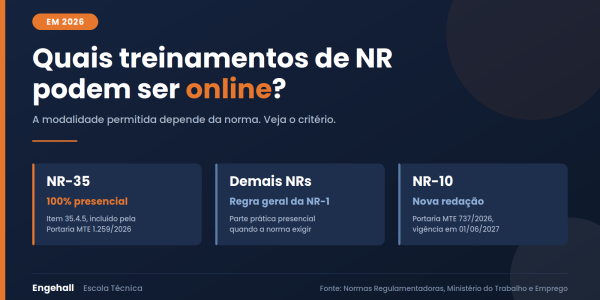 Quais treinamentos de NR podem ser online em 2026: NR-35 é 100% presencial pelo item 35.4.5, as demais seguem a regra geral da NR-1, e a NR-10 tem nova redação com vigência em 01/06/2027.