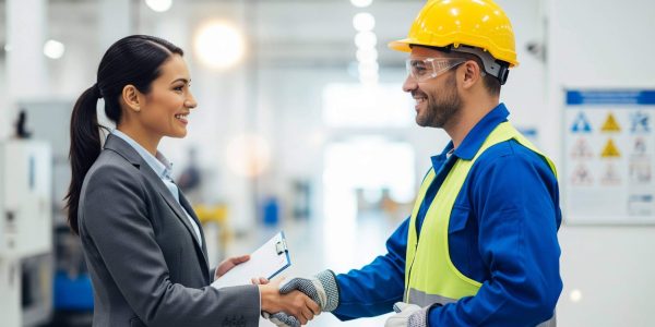 Representante do RH cumprimenta técnico em segurança do trabalho, realizando gestão SST conjunta